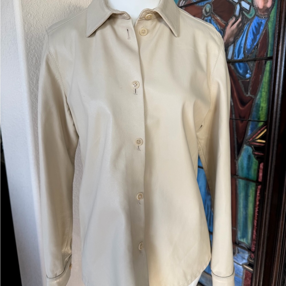 Beige Button-Up leather top/ Shirt